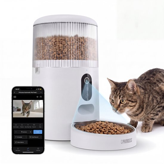 Princess Automatische Voerbak - HD Camera & Smart - 4 Liter – Kat & Hond - App‑Bediening – Geplande Voeding – Roestvrijstalen Kom – Back-up Batterij - Voerautomaat - Voerdispenser - 610045