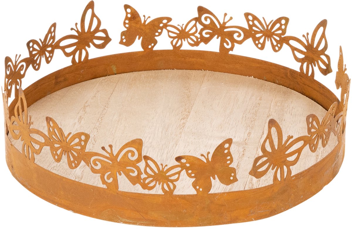 Dienblad met vlinders, veer, tafeldecoratie, metalen decoratie, roesti