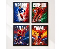 WK Voetbalhelden collectie 4-Luik Poster Set - Formaat 30 x 40 cm - Lamine Yamal, Haaland, Mbappé en Ronaldo - Voetbal Posters