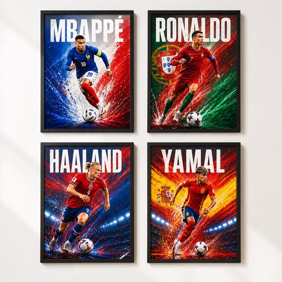 Collection Héros de la Coupe du Monde Set de 4 Posters - Format 30 x 40 cm - Lamine Yamal, Haaland, Mbappé et Ronaldo - Posters de Football