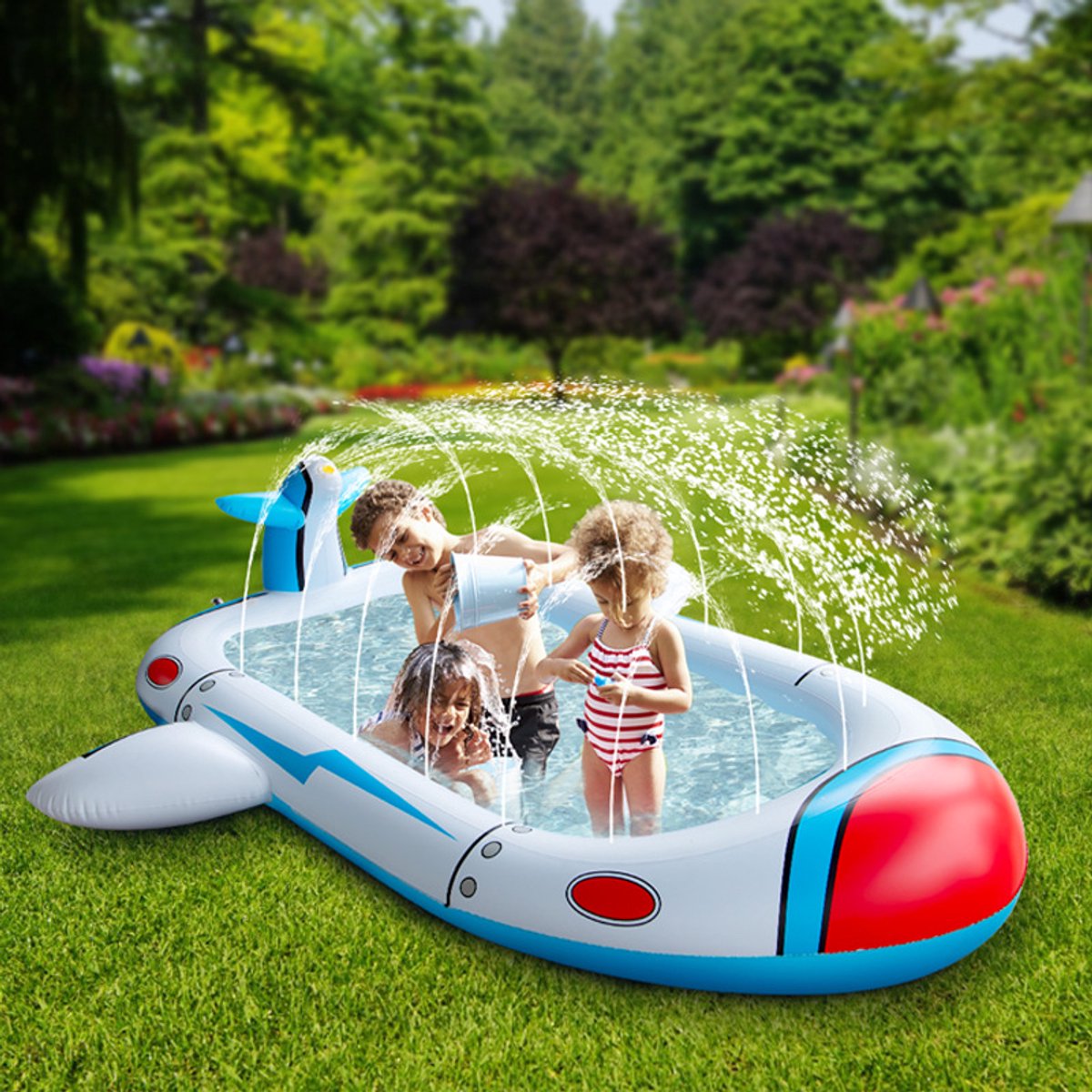 Opblaasbaar Raket Zwembad met Sproeier – 180x100x54 cm – PVC 0,25 mm – Vliegtuig & Raket Design – Tuinslang Aansluiting – Kinder Zwembad voor Zomer Buitenspel -1 Stuk