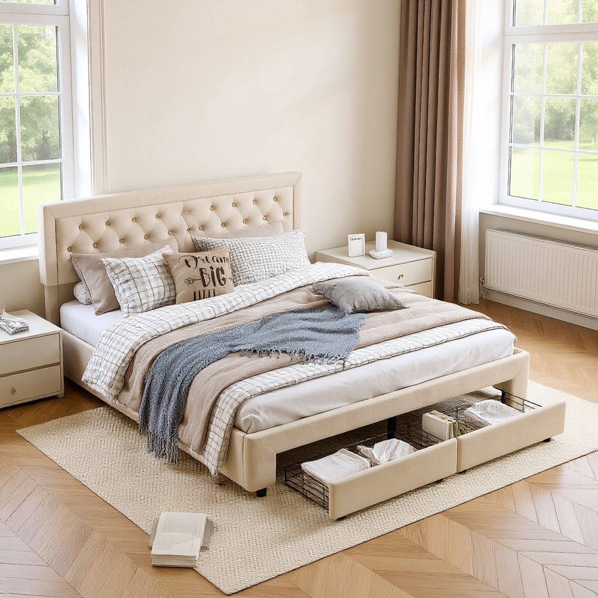 Tweepersoons bed 160x200 cm met 2 lades en opbergruimte – Gasveer opklapbed met lattenbodem – Fluwelen gestoffeerd bed in beige – Zonder matras
