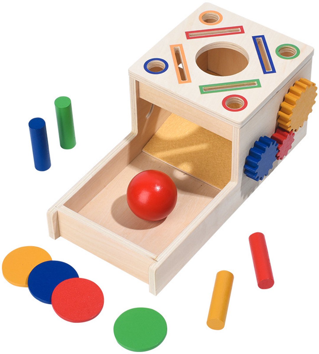 Houten Montessori Doos met Tandwielen, Kleur- en Vormherkenning – Educatief Speelgoed voor Kinderen van 0-3 Jaar, met Kogelbaan, Cilinders en Schijven, Stimuleert Motoriek en Cognitieve Ontwikkeling