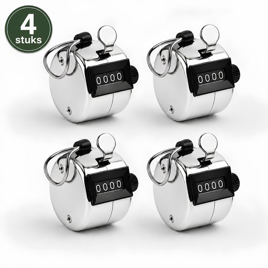 Quatre compteurs manuels argentés avec 4 chiffres noirs sur fond blanc, disposés en grille 2x2.