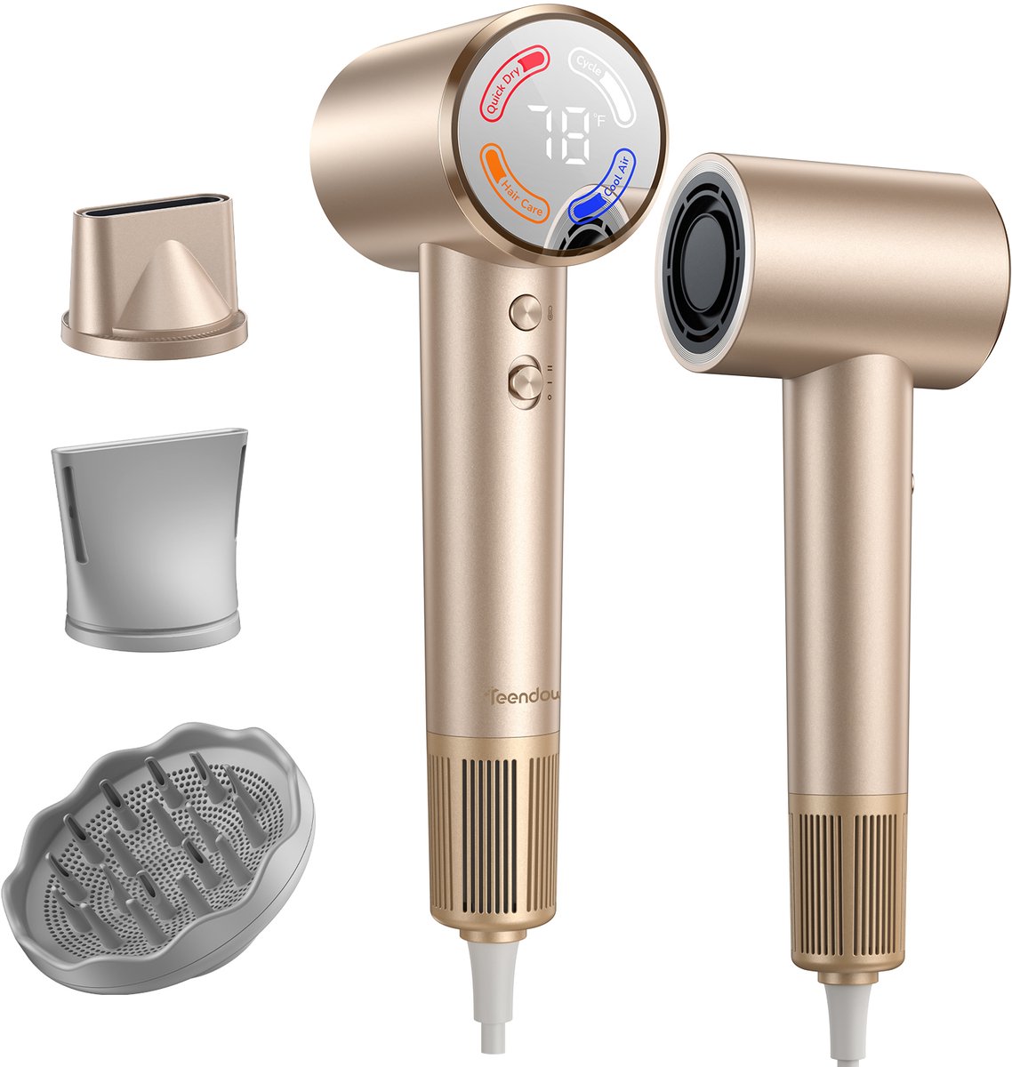 Snelle Föhn met Negatieve Ionen - 1400W Hoogtoerige Haardroger met Digitaal Scherm - 3 Magnetische Opzetstukken - Stille Werking - Lichtgewicht Voor Thuisgebruik, Reizen en Hairstyling voor Alle Haartypes