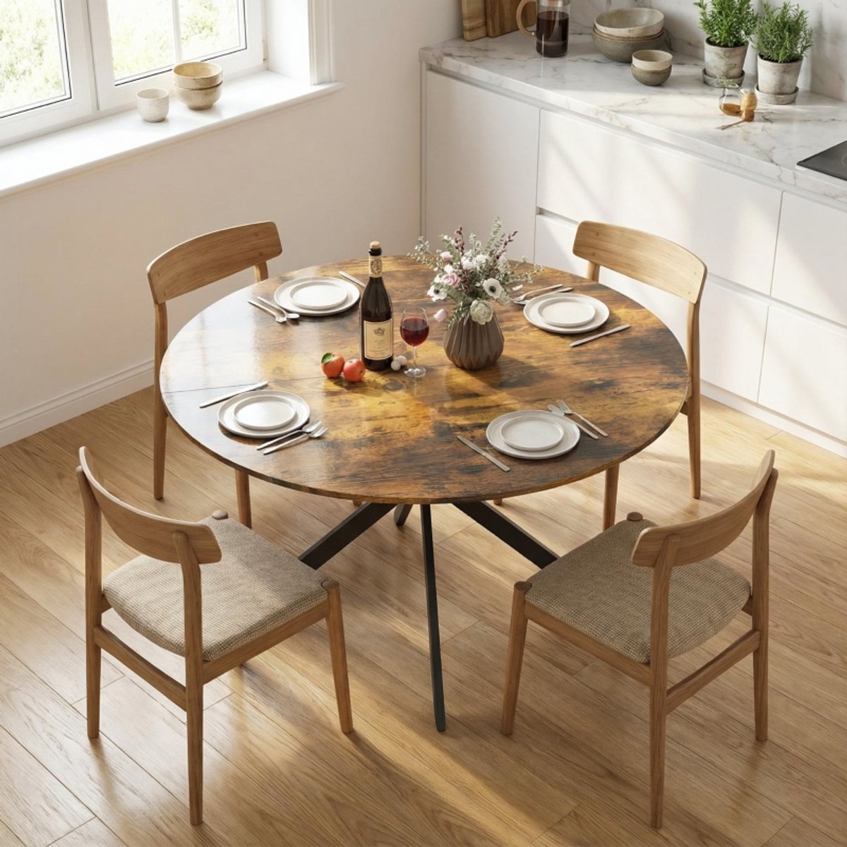 REDOM Ronde Eettafel - X-Vormige Stalen Poten - Industriële Stijl - Eetkamer Of Keuken - Hout - Rustiek Bruin - 120 Cm