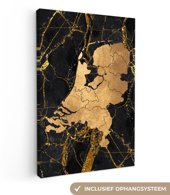 Canvas schilderij 60x90 cm - Wanddecoratie Kaart - Nederland - Goud - Muurdecoratie woonkamer - Slaapkamer decoratie - Kamer accessoires - Schilderijen op canvas