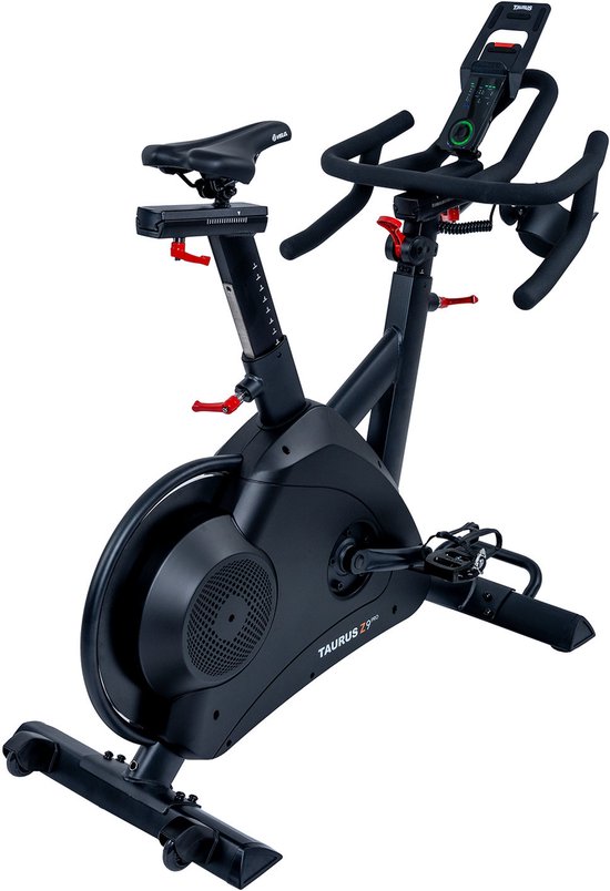 Zwart Taurus spinningfiets Z9 Pro met stuur, zadel, display en pedalen.