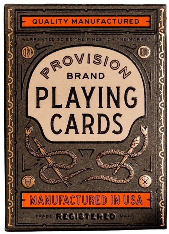 Zwarte doos met tekst 'Provision Brand Playing Cards', oranje accenten en slangenillustraties in reliëf.
