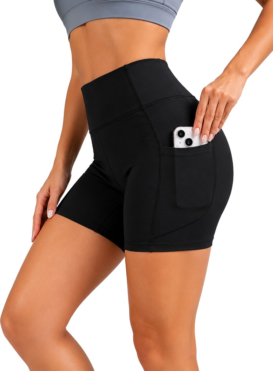 SparkNine Pace dames short - fitness - korte sportbroek - M - zwart - hoge taille - met zakken - elastisch - squatproof
