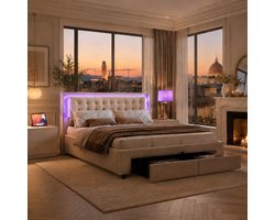 Gasveerbed met LED-verlichting in het hoofdbord, met lades en opbergruimte onder het bed, modern design, 180x200 cm – Beige