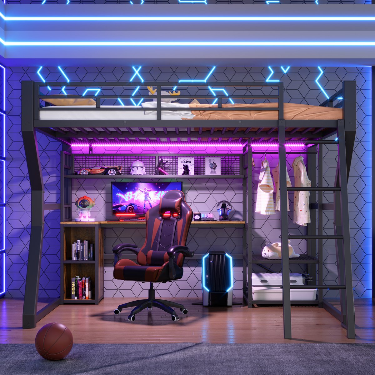 VVBV Ruimtebesparende Hoogslaper 140x200 cm met Planken, Bureau - LED-Verlichting - Metaal Zwart - Zonder Matras