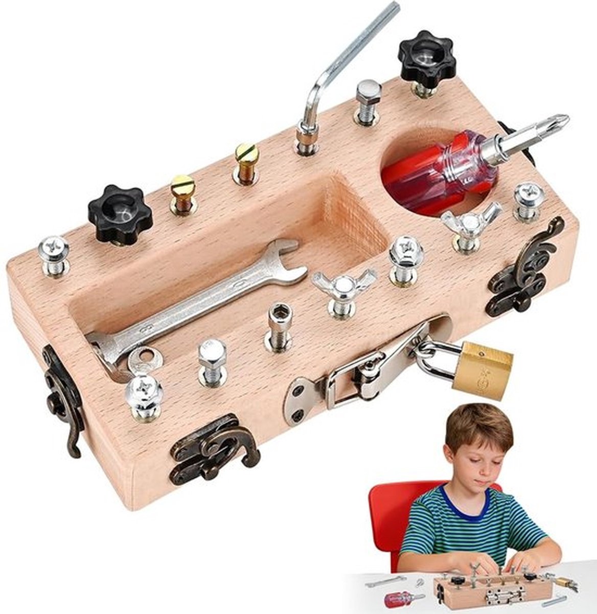 Montessori speelgoedgereedschapskist - Houten schroefbord, bezigheidsbord, schroevendraaierbord, educatief speelgoed - Rollenspel gereedschapskist cadeaus voor meisjes en jongens