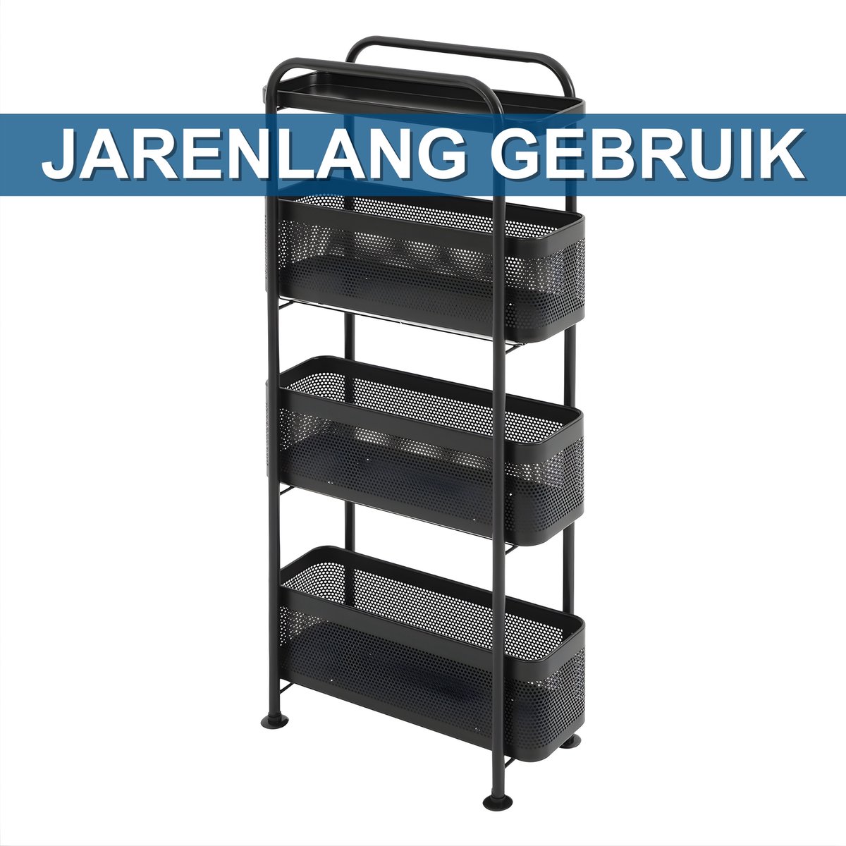 4-Laags Smalle Roltafel met Wielen – Opbergwagen met Uittrekbare Mesh Mand – Mobiele Keuken Organizer 40 x 15 x 89,5 cm – Zwart