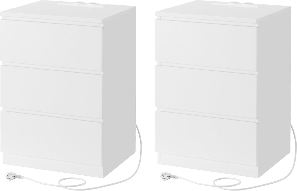 VASAGLE - Nachtkastje - Met Stopcontacten - Set van 2 - 3 Lades - 2 AC- en 2 USB-A-poorten