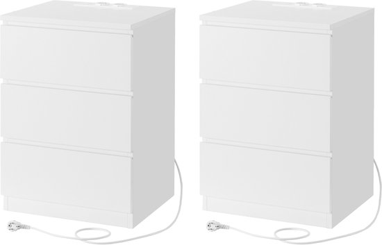 VASAGLE - Nachtkastje - Met Stopcontacten - Set van 2 - 3 Lades - 2 AC- en 2 USB-A-poorten