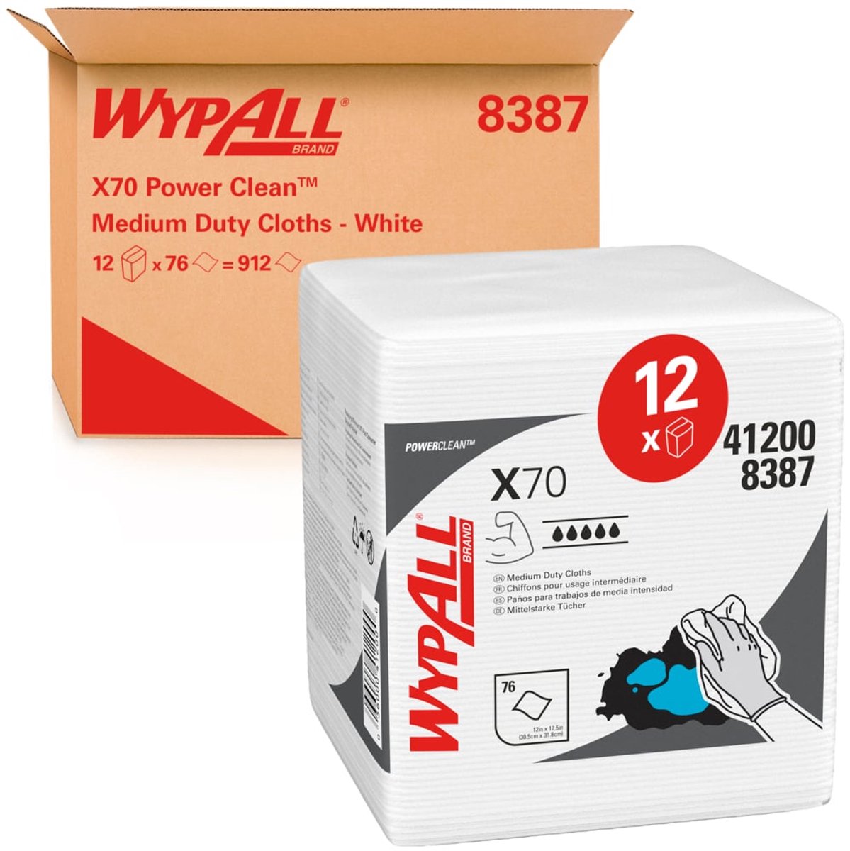 WypAll X70 Power Clean Poetsdoeken 8387 1/4-gevouwen Wit 1-laags 12×76 doeken (8387)