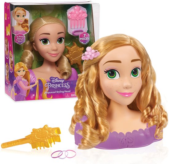 Kaphoofd Rapunzel in verpakking met accessoires, inclusief zonnenspeld en kam.
