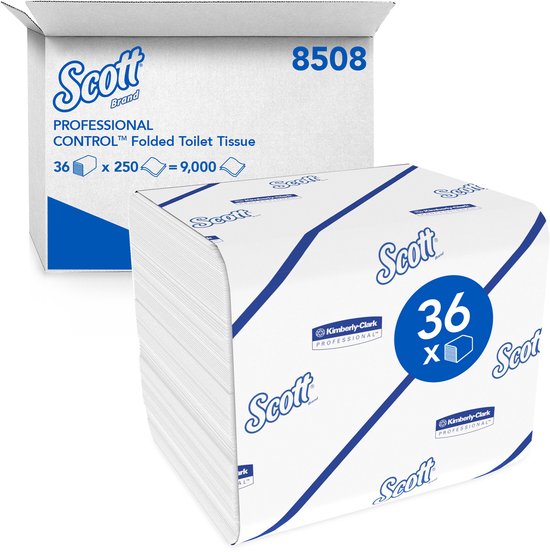 Een doos en een pak Scott Professioneel gevouwen toiletpapier met blauwe strepen.