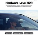 Zwarte dashcam op voorruit van auto, bestuurder met zonnebril kijkt naar de weg.