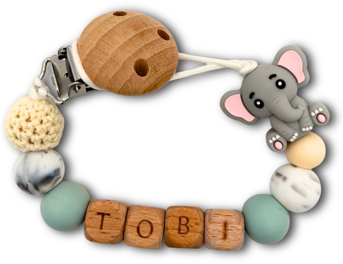 Speenkoord met naam - Baby Olifant | Personaliseer - Kraamcadeau - Speenketting - Babycadeau - Babyshower