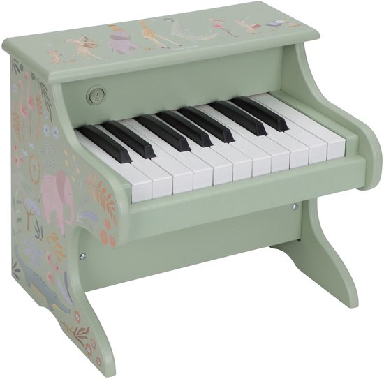 Lichtgroene houten piano met 15 witte en 10 zwarte toetsen. De zijkant is gedecoreerd met een safari-print.