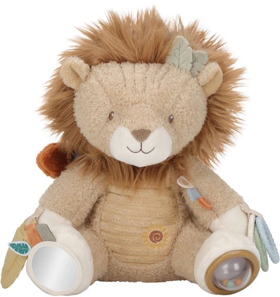 Zachte, beige leeuwenknuffel met een grote manen, rammelaar, spiegel en diverse texturen.