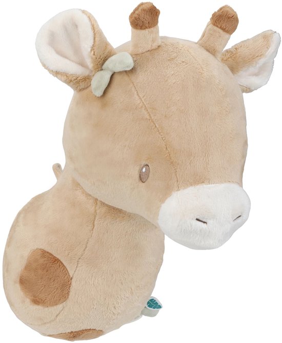 Pluche giraffe dierenhoofd met bruine en beige tinten, grote oren en een kleine vaalgegroene strik.