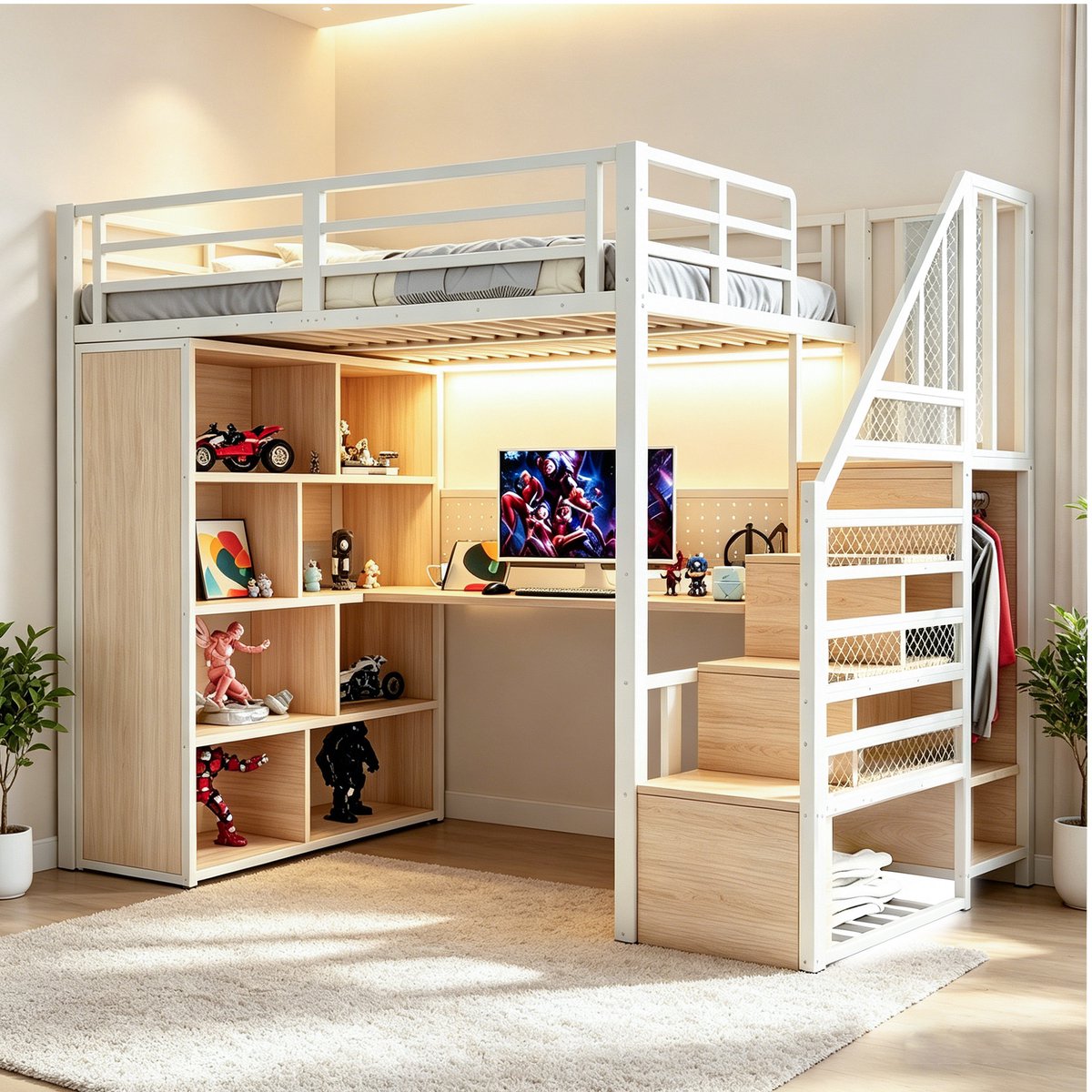 Hoogslaper - 90x200 cm - Multifunctioneel met Kleiderschrank, Opbergruimte, Bureau en LED-Licht - Metaal - Wit