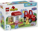 LEGO Duplo Peppa Pig tractor en marktkraam met vrolijke figuren en bouwstenen.