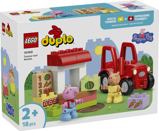 LEGO Duplo Peppa Pig tractor en marktkraam met vrolijke figuren en bouwstenen.