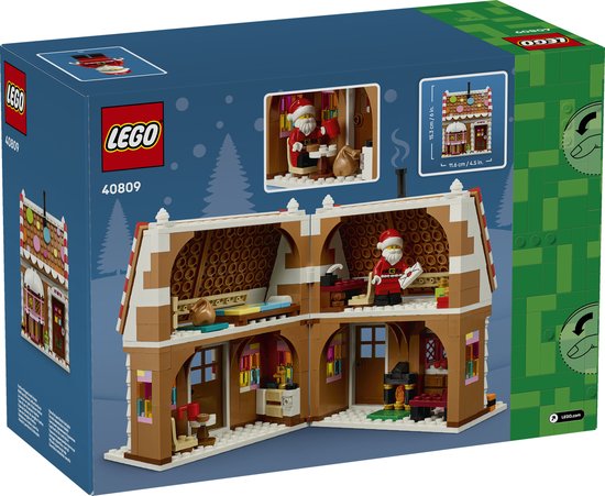 LEGO Kerst Peperkoekhuis 40809, achterkant, met interieur en kerstman. Afmetingen 19.3cm x 11.6cm.