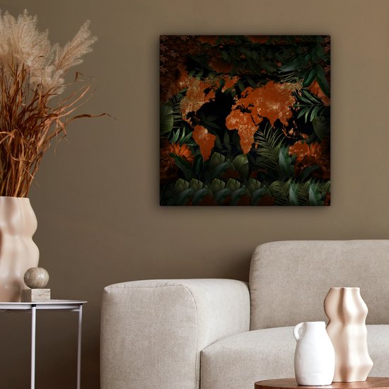 Canvas schilderij 50x50 cm - Wanddecoratie Wereldkaart - Goud - Rood - Muurdecoratie woonkamer - Slaapkamer decoratie - Kamer accessoires - Schilderijen op canvas