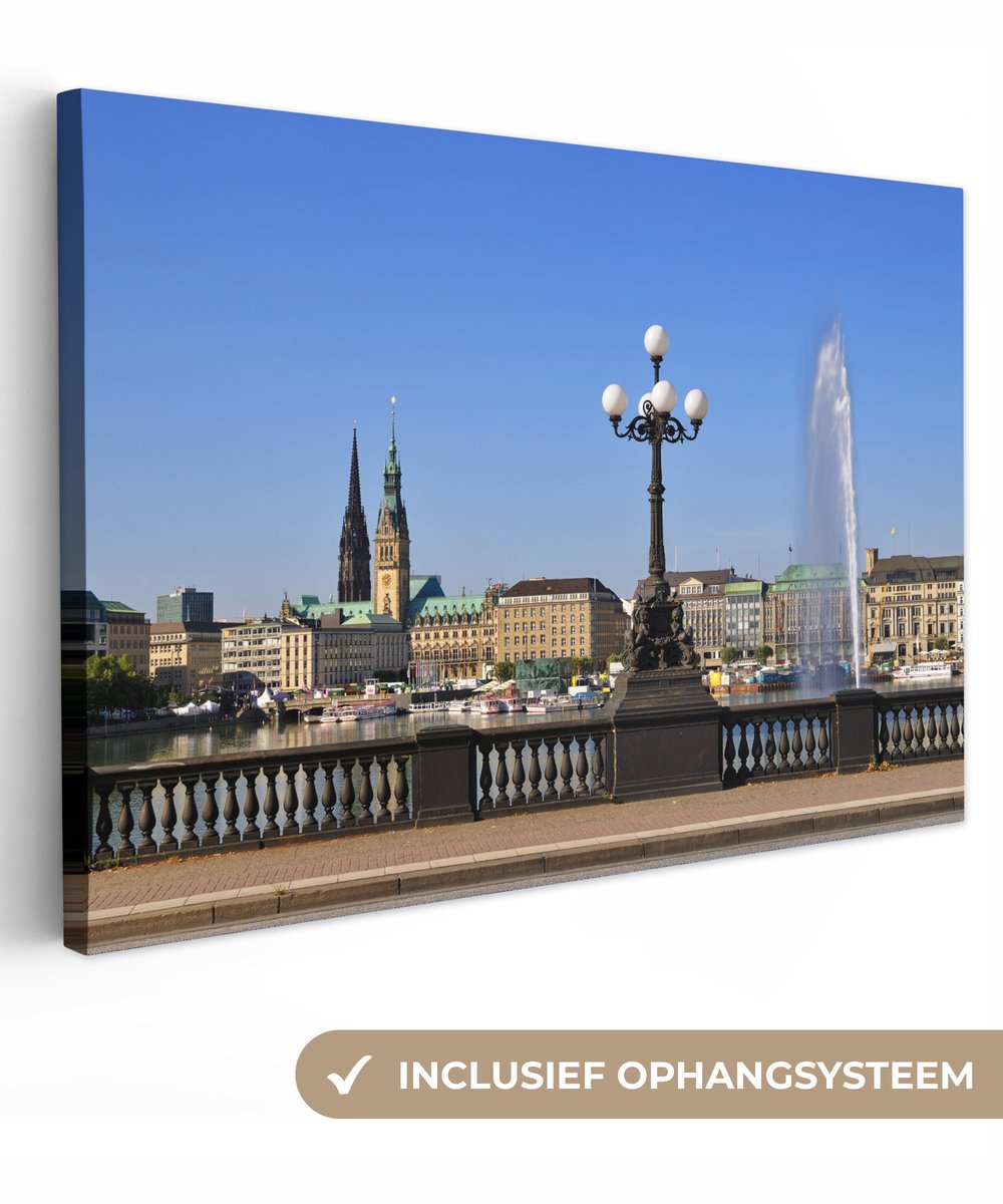 Canvas schilderij 180x120 cm - Wanddecoratie Stadhuis - Hamburg - Fontein - Muurdecoratie