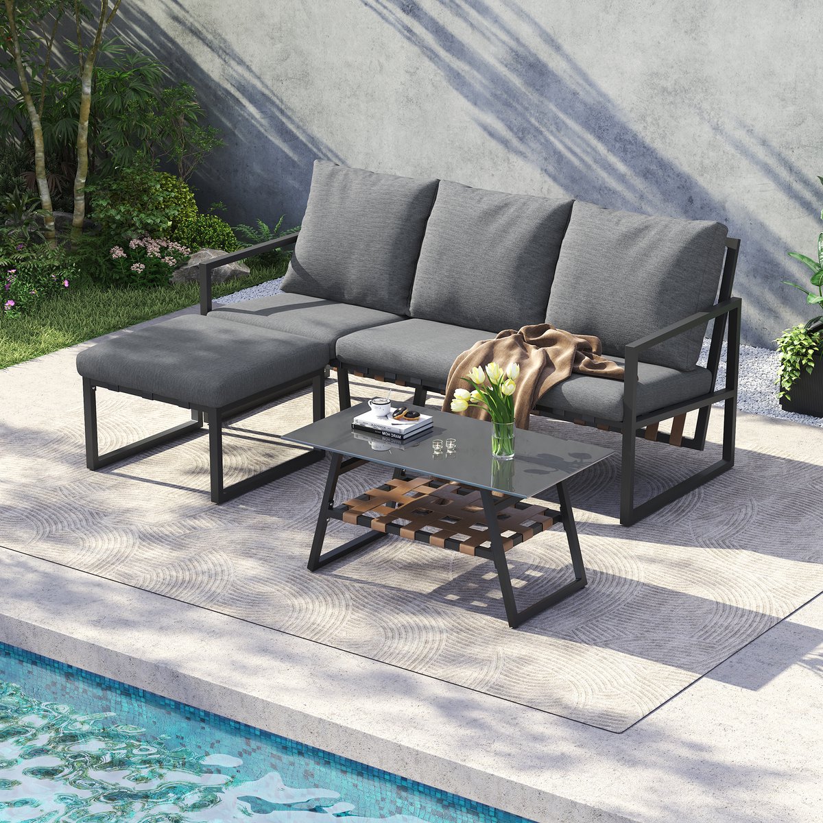 Wishdor Loungeset Voor Buiten Met Hoekopstelling En Voetenbank - Retro-Industriële Stijl - Voor Terras - Verzinkt Staal, Glas En Polyester - Grijs
