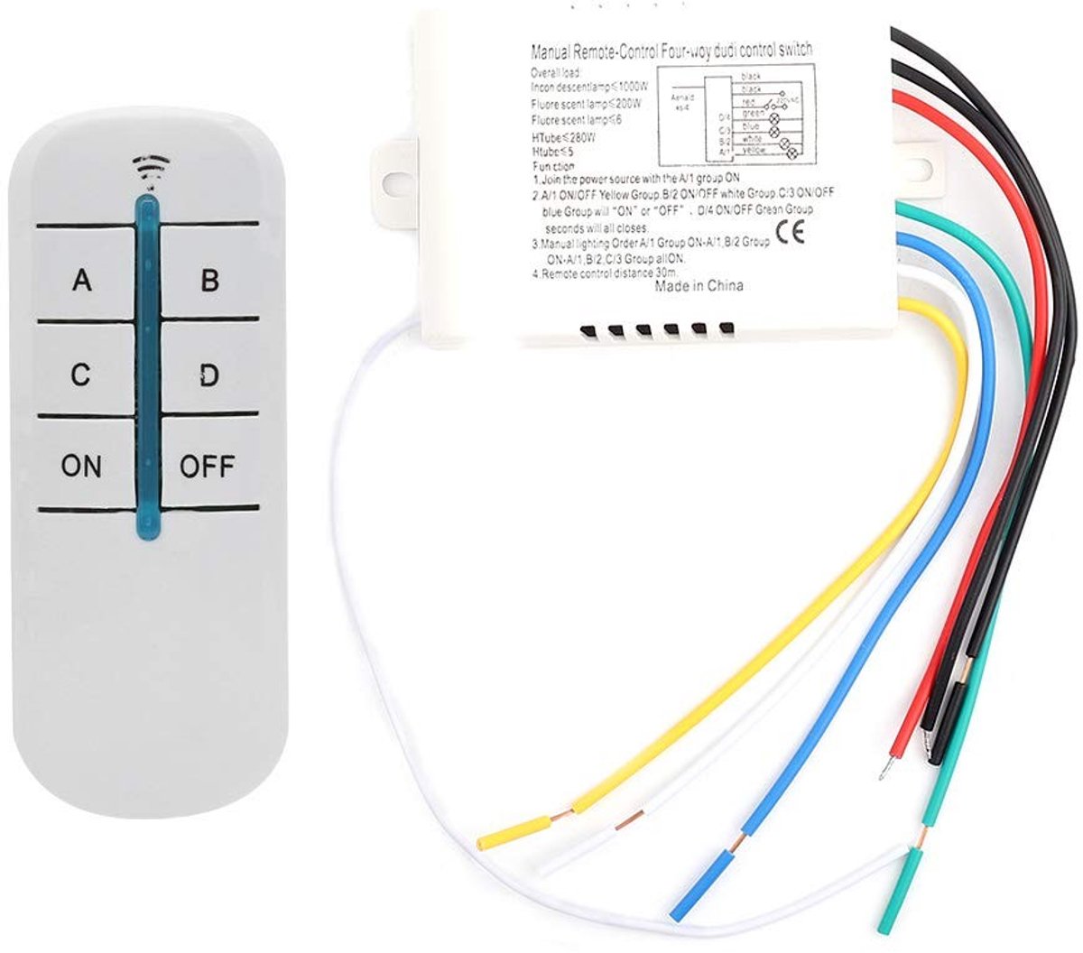 Dailygoods - Dailygoody - Remote Control Switch - Draadloze schakeling - 4 Wegen - Wandmontage - Lichtbediening - Voor gebruik in huis - Geschikt voor elke verlich...