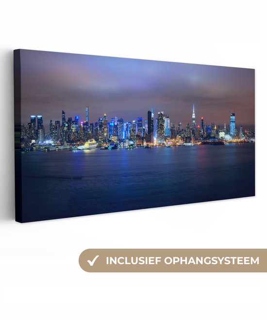 Canvas schilderij 40x20 cm - Wanddecoratie New York - Skyline - Nacht - Muurdecoratie woonkamer - Slaapkamer decoratie - Kamer accessoires - Schilderijen op canvas