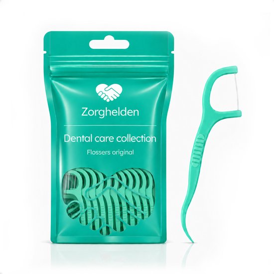 Groen Zorghelden 'Dental care collection' pakket met 60 flosders. Eén groene flosser met draad ernaast.