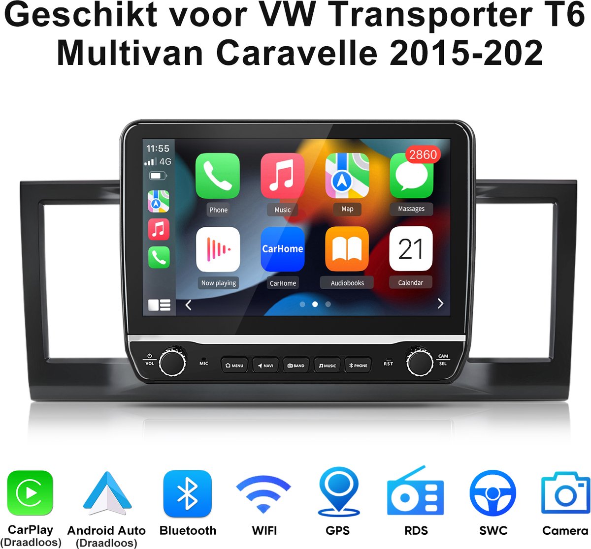 Junsun Android 15 Autoradio Geschikt voor VW Transporter T5 Multivan Caravelle , 2GB+64GB, Draadloze CarPlay & Andriod Auto, DAB+, GPS-Navigatie, WIFI, Bluetooth, RDS, FM, SWC, 10.1-inch Touchscreen, DSP, Quad-core processor