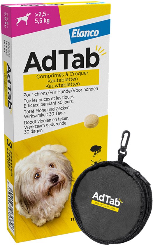 Doos AdTab kauwtabletten voor honden van 2,5-5,5 kg en een rond zwart etui met AdTab logo.