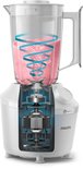 Detailopname witte Philips blender, doorsnede toont motor en roze inhoud in de kan.