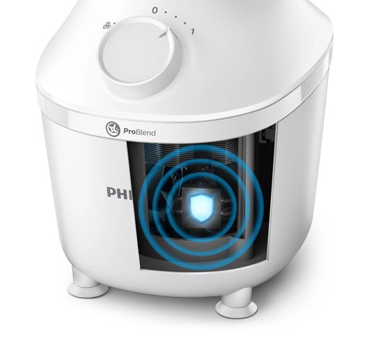 Witte Philips blender met ProBlend technologie en een transparant gedeelte dat de binnenkant laat zien met een blauw gloeiend schild.