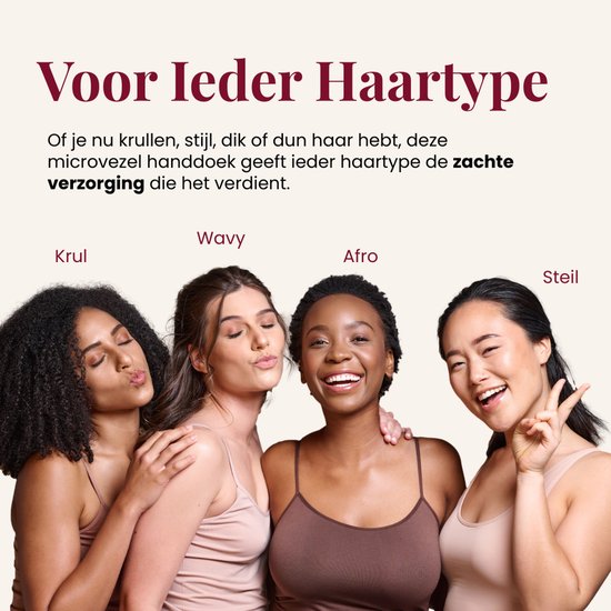 Vier vrouwen met verschillende haartypes (krul, wavy, afro, steil).