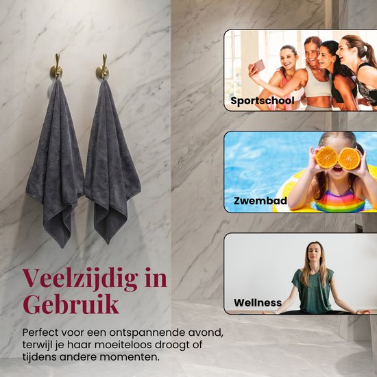 Donkergrijze microvezel handdoeken hangend aan haken, met foto's van sport, zwembad en wellness.