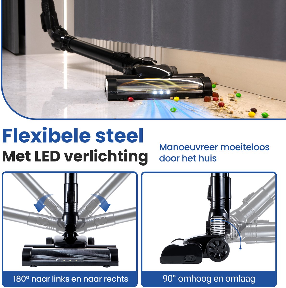 Saaf G90 Steelstofzuiger - 250W - Steelstofzuiger Draadloos - Stofzuiger Zonder Zak - 7-delige set met Buigbare Steel - 30kPa - Kruimeldief - Zwart — afbeelding 5