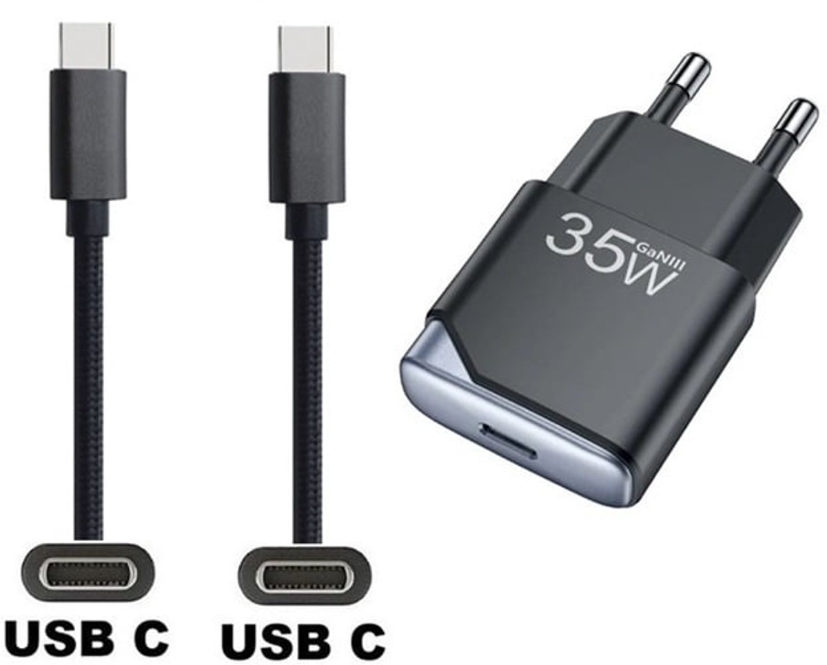 OneOne 35W super snellader USB C poort en glazen screenprotector + 0,5m USB C naar USB C kabel. Krachtige zwarte universele PD PPS lader. Compacte oplader adapter met GaN III technologie. Screenprotector past op Apple iPhone 16e, iPhone 17e