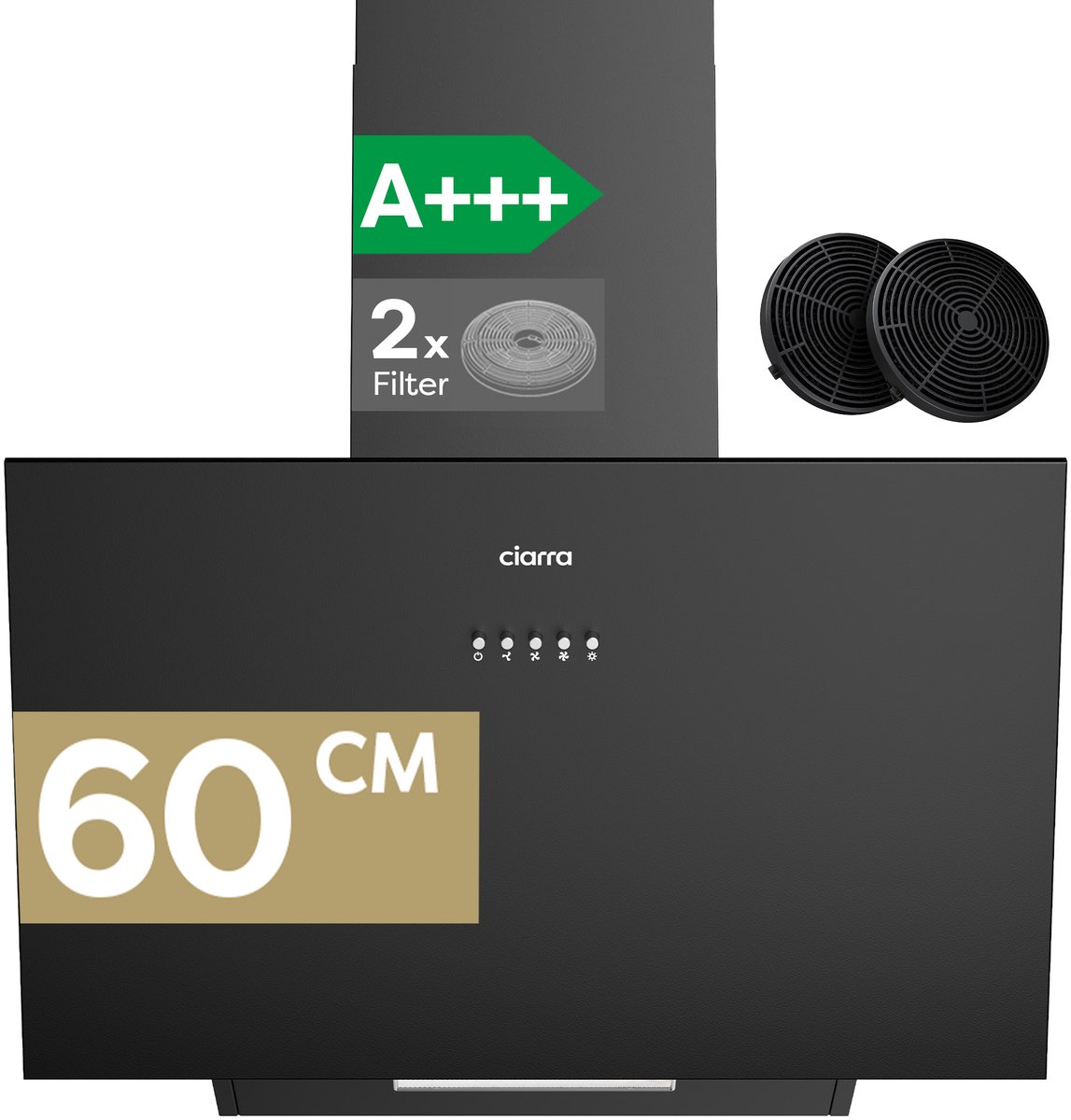 CIARRA VMB6762A - A+++ 674 m³/u Schuine Afzuigkap 60 cm met LED Recirculatie & Luchtafvoer zwart