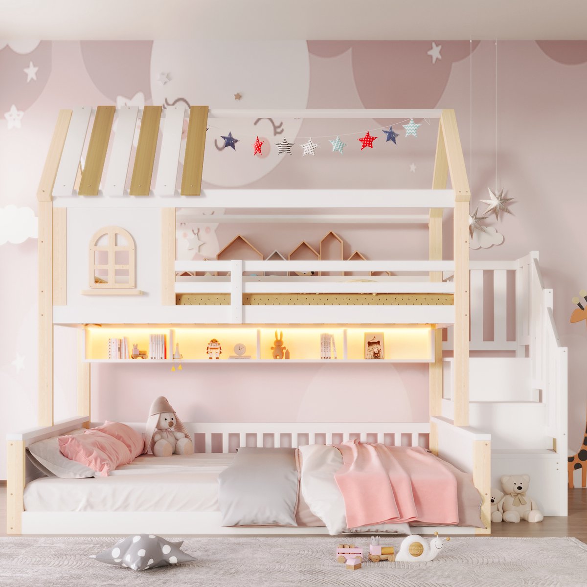 VVBV Stapelbed 90x200 en 140x200 – Kinderstapelbed met Opbergruimte, Opbergrekken en LED – Zonder Matras – Wit – LED-Verlichting – Stapelbed met Trap White+Natural