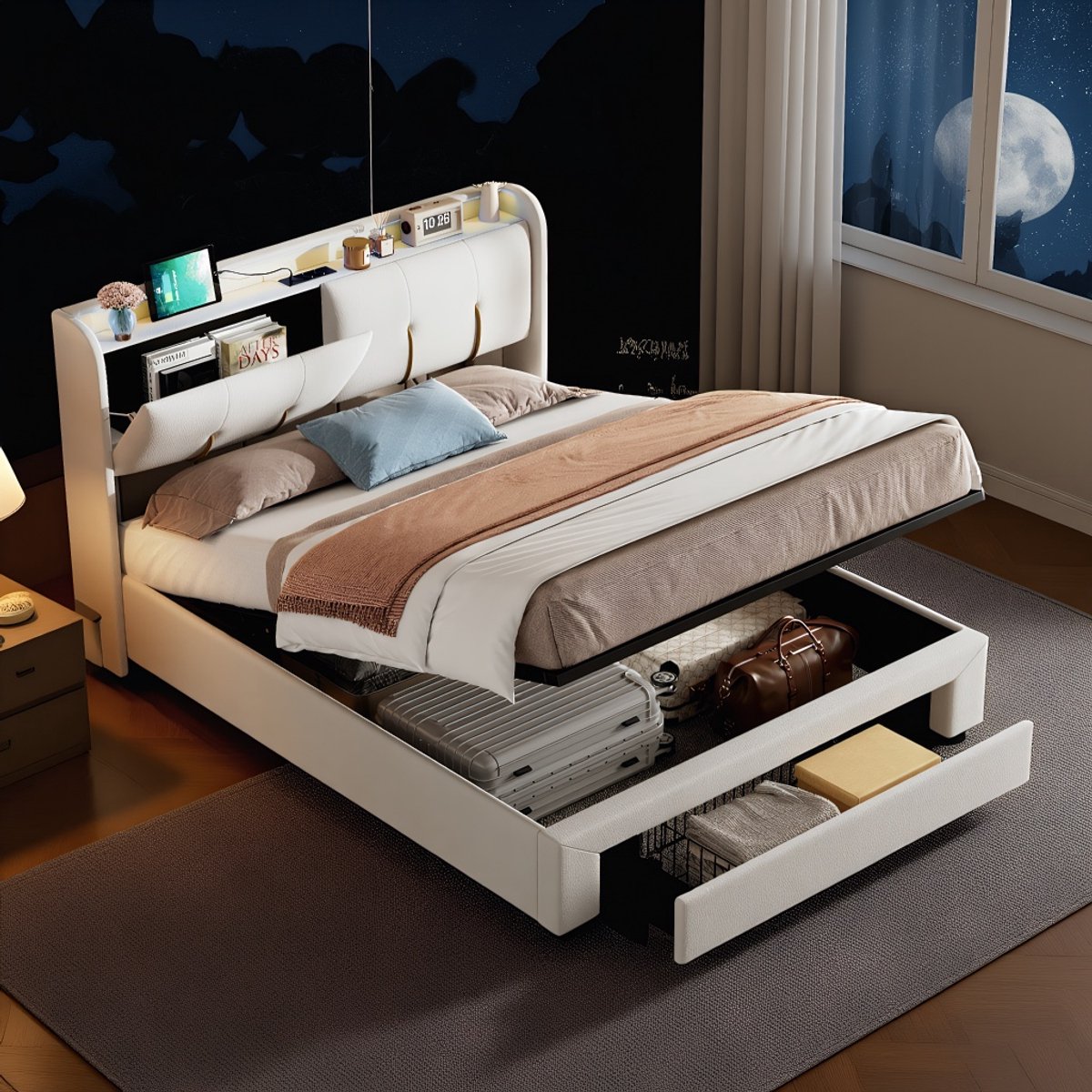 Gestoffeerd bed 160x200 cm met LED-verlichting, USB-oplaadpoorten en opbergruimte – Fluwelen tweepersoonsbed met Lattenbodem opbergruimte en hydraulisch liftsysteem – Beige – Zonder matras