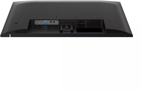 Achterkant van een zwarte monitor met ventilatieopeningen en poorten zoals VGA, HDMI en audio.